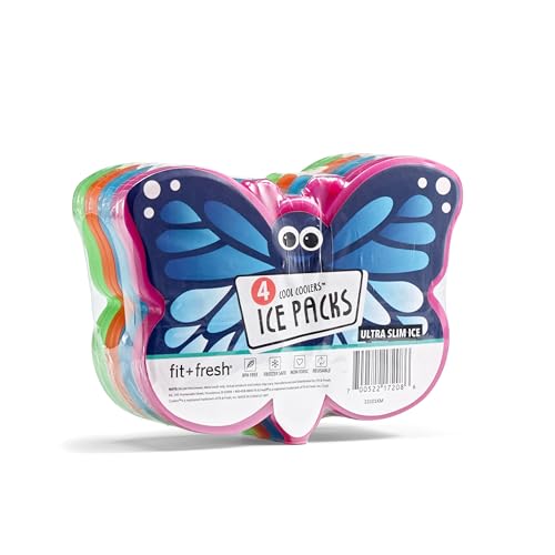 Book Cover Cool Coolers By Fit + Fresh 4 Pack Butterfly Slim Ice Packs, Lightweight Reusable Ice Packs for Lunch Boxes or Coolers