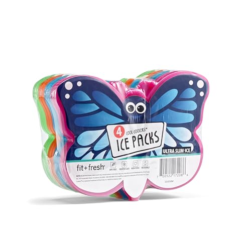 Cool Coolers By Fit + Fresh 4 Pack Butterfly Slim Ice Packs, Lightweight Reusable Ice Packs for Lunch Boxes or Coolers