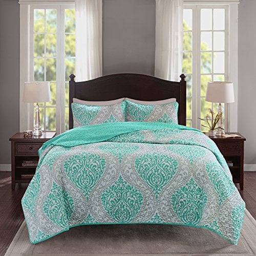 Book Cover Comfort Spaces Coco 2 Piece Quilt Coverlet Bedspread Ultra Soft Printed Damask Pattern Hypoallergenic Bedding Set, Twin/Twin XL, Teal - Grey
