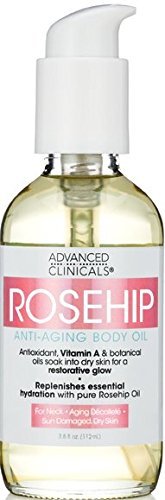 Advanced Clinicals Rosehip Body Oil. Anti-Aging oil with Vitamin A for neck, decollete, sun damaged, dry skin. 3.8 oz.