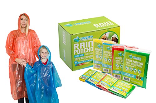 Book Cover Lingito Rain Poncho Family Pack: Extra Thick -Disposable Emergency Rain Ponchos for Men, Women and Teens, Children (8pack)