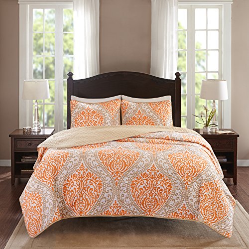 Book Cover Comfort Spaces Coco 2 Piece Quilt Coverlet Bedspread Ultra Soft Printed Damask Pattern Hypoallergenic Bedding Set, Twin/Twin XL, Orange - Taupe