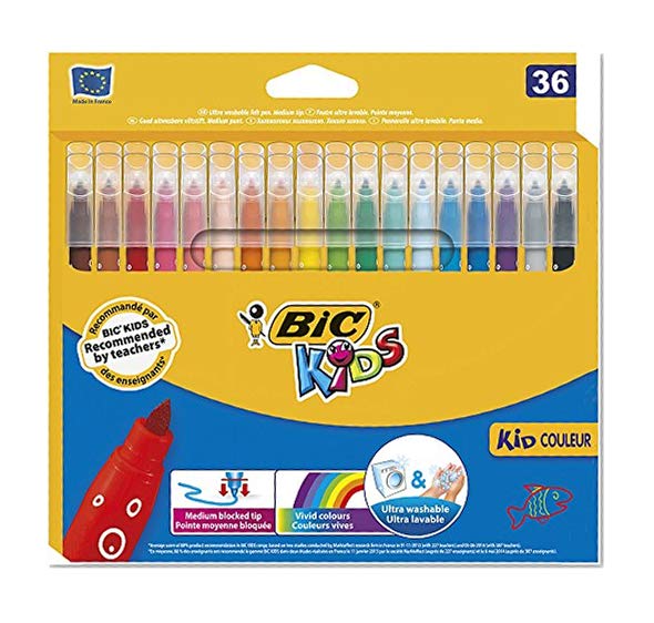 BIC Kids Kid Couleur Feutres de Coloriage à Pointe Moyenne - Couleurs Assorties, Etui Carton de 36