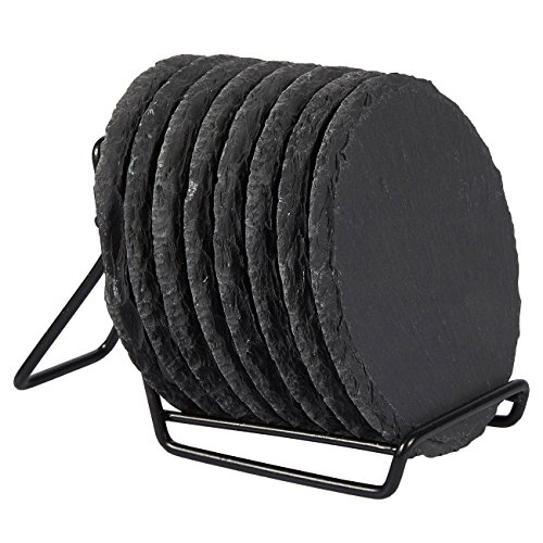8-Pack Slate Stone Coasters Set with Steel Stand - Round Black Natural Edge Stone Drink Coasters for Bar and Home - 3.8 Inches in Diameter