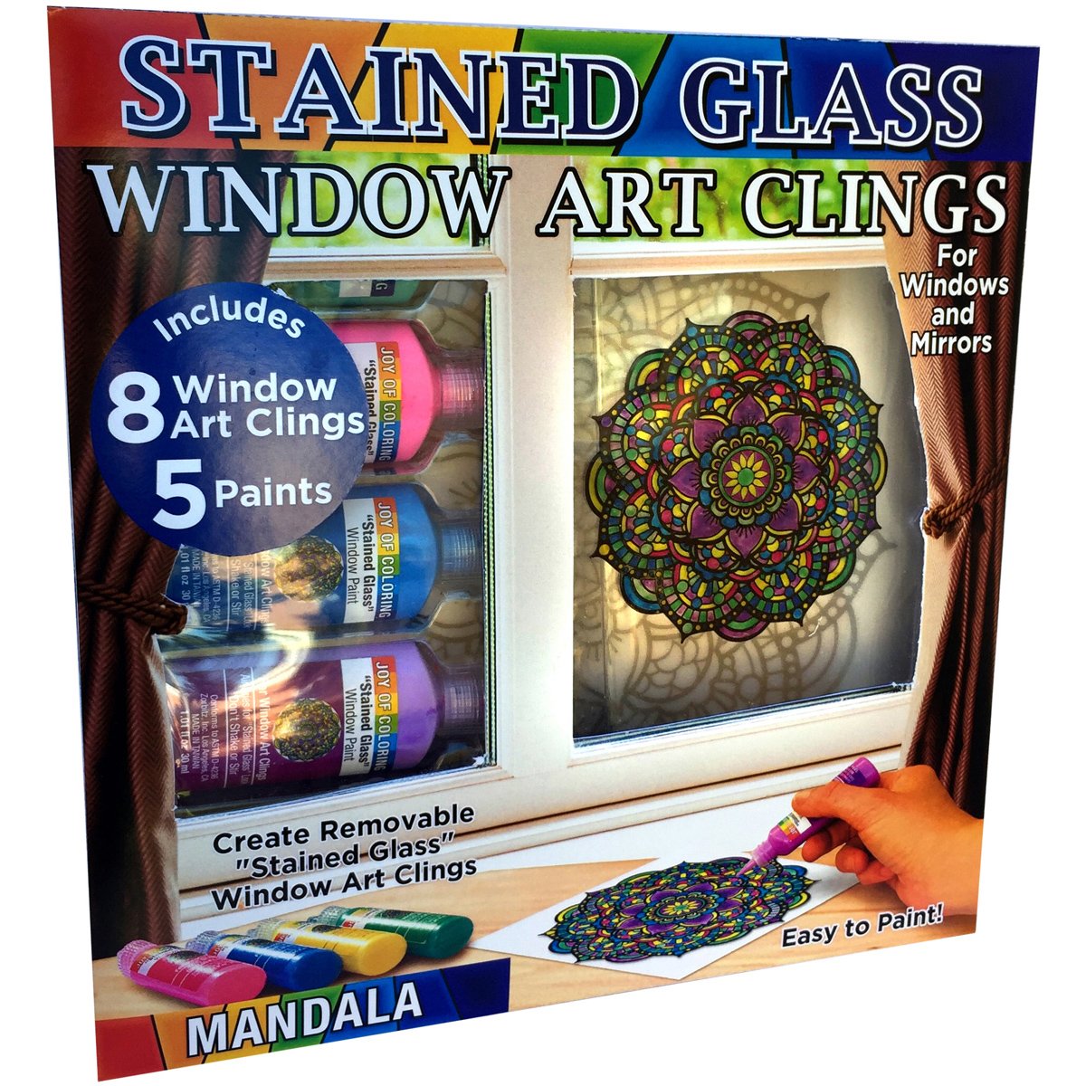 Book Cover ZORBITZ Joy of Coloring Stained Glass Window Art Clings DIY Kit,8 Clings& 5 Paints,4 Gorgeous,Intricate Mandala Designs,Designed Paint,Removable Clings, Sticks to Any Glass Surface,13 Piece Set,(2680)