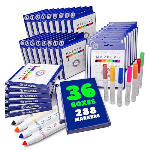 Color Swell Bulk Washable Markers (288 Total) – 36 Packs, 8 Colors per Pack – Ideal for Teachers, Kids, Party Favors, Classrooms, Donations, Students - Broad Line Bulk Markers