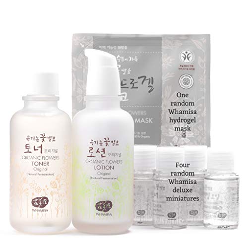Whamisa Organic Flowers Original Toner & Original Lotion Skin Care Set + Whamisa Organic Facial Mask & 4 random best miniatures