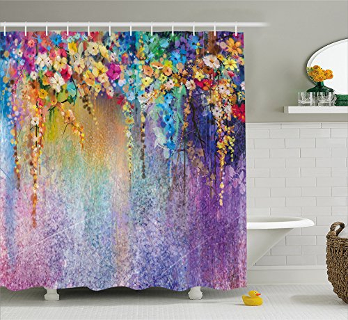 Book Cover Ambesonne Watercolor Flower Home Decor Shower Curtain, Abstract Herbs Weeds Blossoms Ivy Back with Florets Shrubs Design, Fabric Bathroom Decor Set with Hooks, 70 Inches, Multi