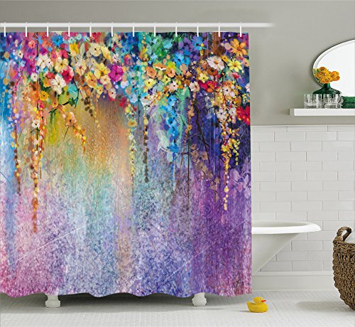 Ambesonne Watercolor Flower Home Decor Shower Curtain, Abstract Herbs Weeds Blossoms Ivy Back with Florets Shrubs Design, Fabric Bathroom Decor Set with Hooks, 70 Inches, Multi