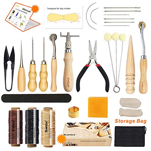 Book Cover Leather Sewing Tools SIMPZIA 25 Pieces Leather Tools Craft DIY Hand Stitching Kit with Groover Awl Waxed Thimble Thread for Sewing Leather, Canvas,Basic Tools for Beginner