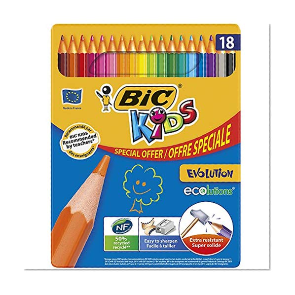 BIC Kids Evolution ECOlutions Crayons de Couleur - Coloris Assortis, Boîte Metal Format Spécial de 18