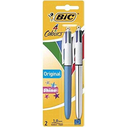 BIC 4 Couleurs Original et BIC 4 Couleurs Shine Stylos-Bille Rétractables à Pointes Moyennes (1,0 mm) - Blister de 2