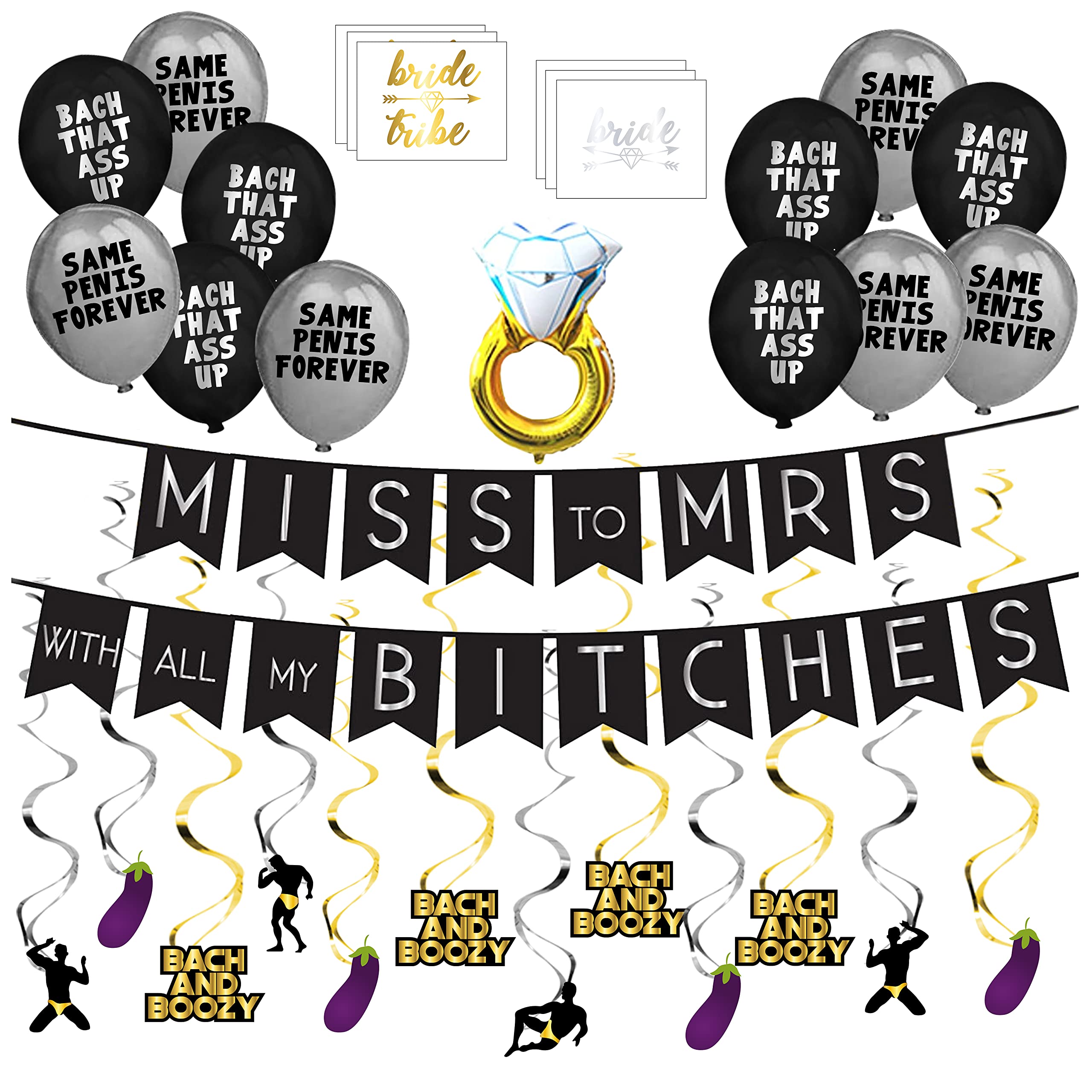 Miss To Mrs Classy & Sassy Bachelorette Black & Silver Party Pack - Bachelorette Party Decorations, Favors and Supplies