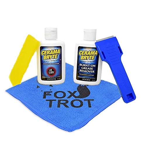 Fox Trot Cerama Bryte Complete Cooktop Cleaner Kit - Includes Cerama Bryte Glass Stove Top Cleaner - Burnt On Grease Remover For Ceramic Stovetop - Scraper, Scrubber Microfiber - Removes Tough Stains