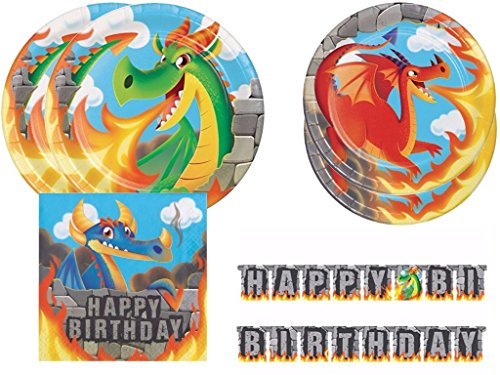 Book Cover Dragons Birthday Party Supplies Kit Including Plates, Napkins and Jointed Banner for 16 Guests