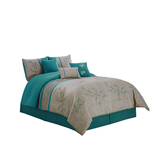 Book Cover Chezmoi Collection Noriko by Luxury 7-piece Teal Cherry Blossoms Floral Embroidery Bedding Comforter Set (Queen, 90