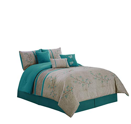 Chezmoi Collection Noriko Luxury 7-Piece Teal Cherry Blossoms Floral Embroidery Bedding Comforter Set (Queen, 90" x 92")