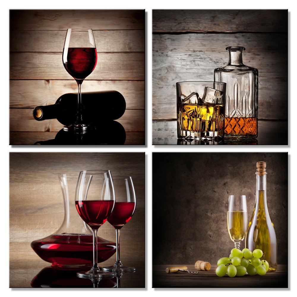 Wieco Art Red Wine Cups Modern Kitchen Wall Art Dinning Room Wall Decor 4 Panels Abstract Canvas Prints Artwork Contemporary Vintage Pictures Paintings on Canvas Wall Art for Kitchen Home Decorations 12x12inchx4pc (30x30cmx4pc)
