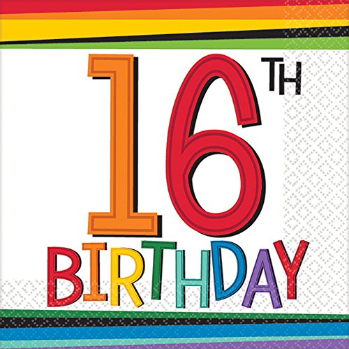 amscan 5018361 Rainbow 16th Birthday Beverage Napkins, Multi Color