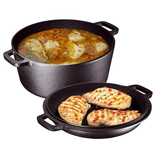 Book Cover Heavy Duty Pre-Seasoned 2 In 1 Cast Iron Double Dutch Oven and Domed Skillet Lid, Versatile Healthy Design, Non-Stick, 5-Quart