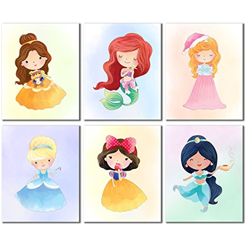 Book Cover Princess Kids Wall Decor - Belle Ariel Cinderella Snow White Jasmine Aurora Set of 6 Cute Art (8 inches x 10 inches) Prints