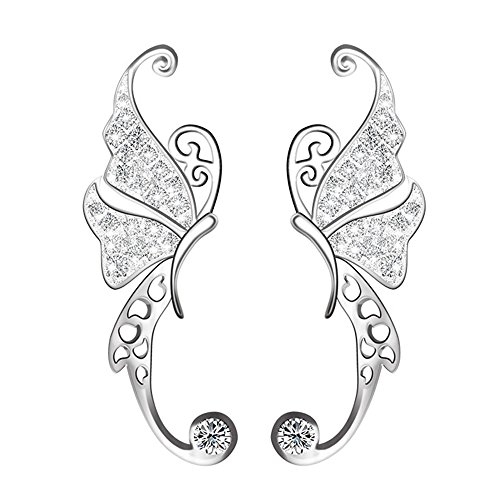 Ear Crawler, Mariafashion Cuff Earrings Sterling Silver Ear Climber Butterfly Diamond Zircon Stud Earrings (butterfly ear cuff)