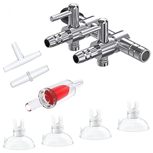Pawfly 2-Way Aquarium Air Flow Control Lever Valve Manifold for Air Pumps Fish Tank Multi-Port Distributor Splitter with 1 Non-Return Check Valve T-Shape & Straight Connectors and 4 Suction Cup Clips