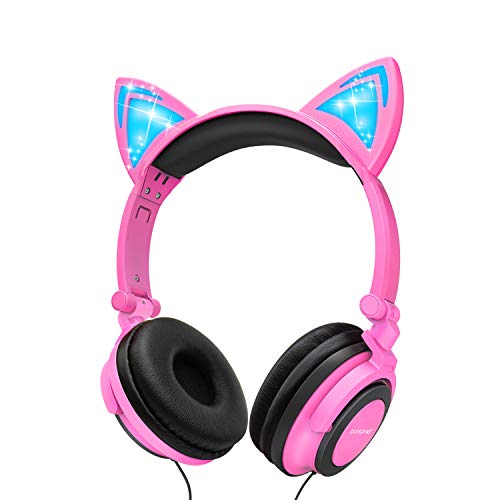 barsone Cat Ear Headphones, Hearing Protection Kids Headphones, Wired Foldable On-Ear Headsets with LED Glowing Light 3.5mm Audio Jack Headset for Children (Pink)
