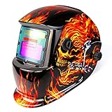 DEKOPRO Welding Helmet Solar Powered Auto Darkening Hood with Adjustable Shade Range 4/9-13 for Mig Tig Arc Welder Mask Shield Flaming Skull Design