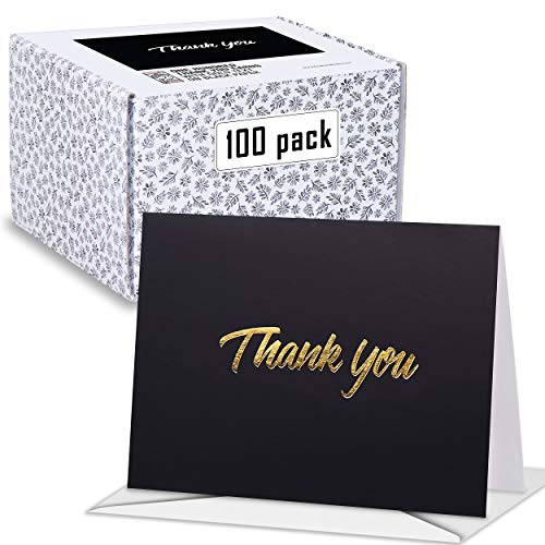 100 Thank You Cards - Black Bulk Note Cards with Gold Foil Embossed Letters - Perfect for Your Wedding, Baby Shower, Business, Graduation, Bridal Shower, Birthday, Engagement