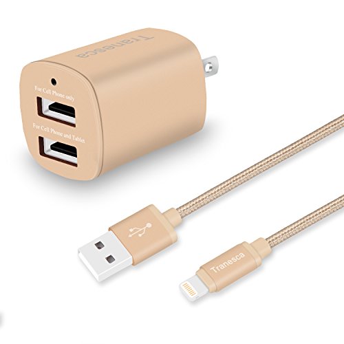 Tranesca Compatible Dual USB Wall Charger with 6ft MFI Lighting Charging Cable for iPhone X,iPhone 8/8 Plus/iPhone 7/7 Plus/iPhone 6/iPad/iPad Pro and More (Gold)