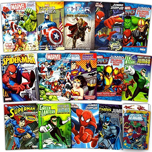 Superhero Ultimate Coloring Book Assortment ~ 15 Books Featuring Avengers, Spiderman, Justice League, Batman and More (Includes Stickers)