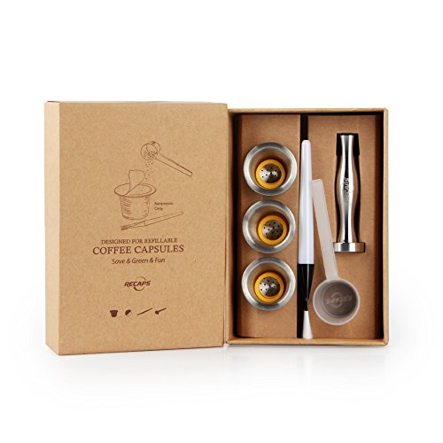 Book Cover RECAPS Stainless Steel Refillable Capsules Reusable Pods Compatible with Nespresso Original Line Machine But Not All (3 Pods+120 Lids+1 Tamper)