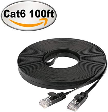 NCElec Weatherproof Flat Cat 6 (Cat6) Ethernet Cable, RJ45 Connector, 32AWG, Up to 1.0 Gbps and 250 MHz (100Ft, Black)