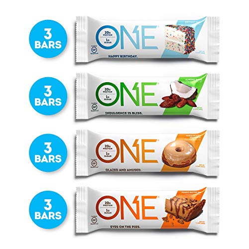 ONE Protein Bars, Best Sellers Variety Pack, Gluten Free with 20g Protein and only 1g Sugar, Includes Birthday Cake, Almond Bliss, Maple Glazed Doughnut & Peanut Butter Pie, 2.12 oz (12 Pack)
