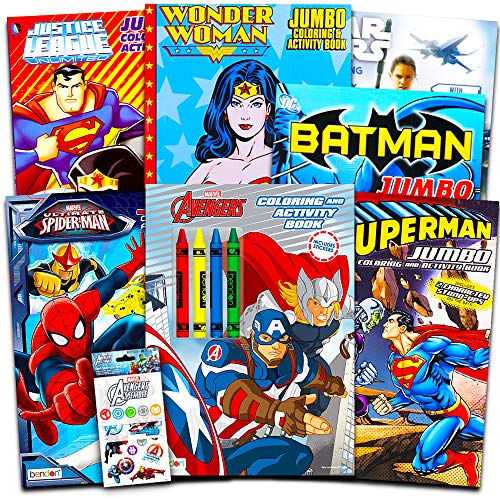 Superhero Giant Coloring Book Assortment ~ 7 Books Featuring Avengers, Justice League, Batman, Spiderman and More (Includes Stickers)