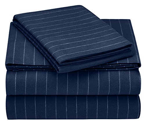 Pinzon 160 Gram Pinstripe Flannel Cotton Bed Sheet Set, Twin XL, Navy Pinstripe