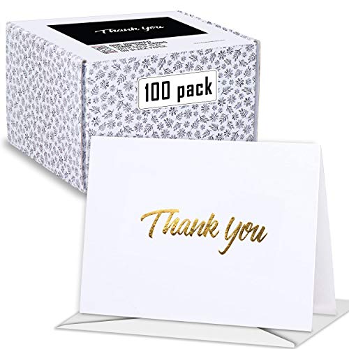 Fresh & Lucky 100 Thank You Cards - Bulk Matte White Note Cards with Gold Foil Embossed Letters - Perfect for Your Wedding, Baby Shower, Business, Graduation, Bridal Shower, Birthday and Engagement