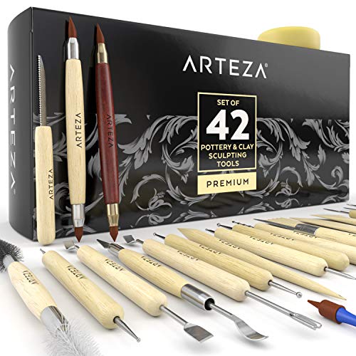 Book Cover Arteza Pottery & Polymer Clay Tools, 42-Piece Sculpting Set, Steel Tip Tools with Wooden Handles, for Pottery Modeling, Smoothing, Carving & Ceramics