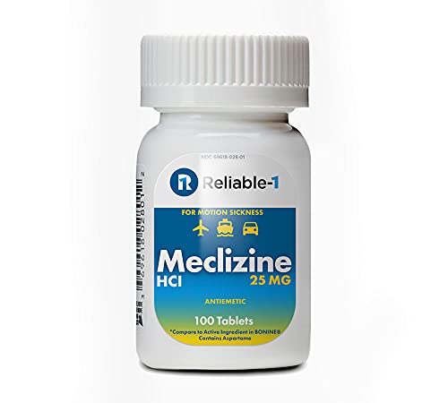 RELIABLE 1 LABORATORIES Meclizine 25 mg Generic Bonine Motion Sickness (100 Chewable Tablets, 1 Bottle) - Prevent nausea, vomiting, and dizziness caused by motion sickness