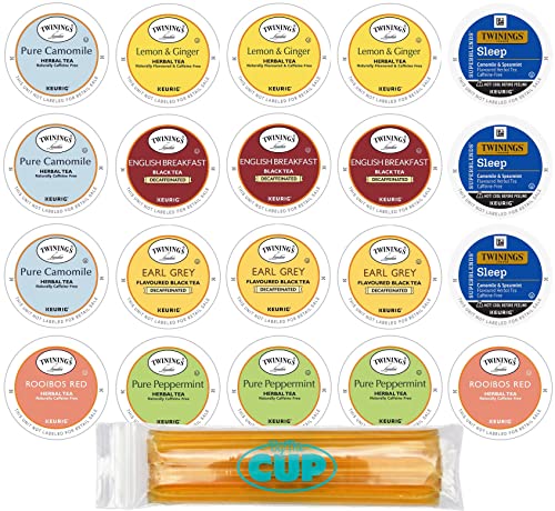 By The Cup Twinings Herbal & Decaffeinated Sampler Assorted Keurig 2.0 K-Cups with By The Cup Honey Sticks, 20 Count
