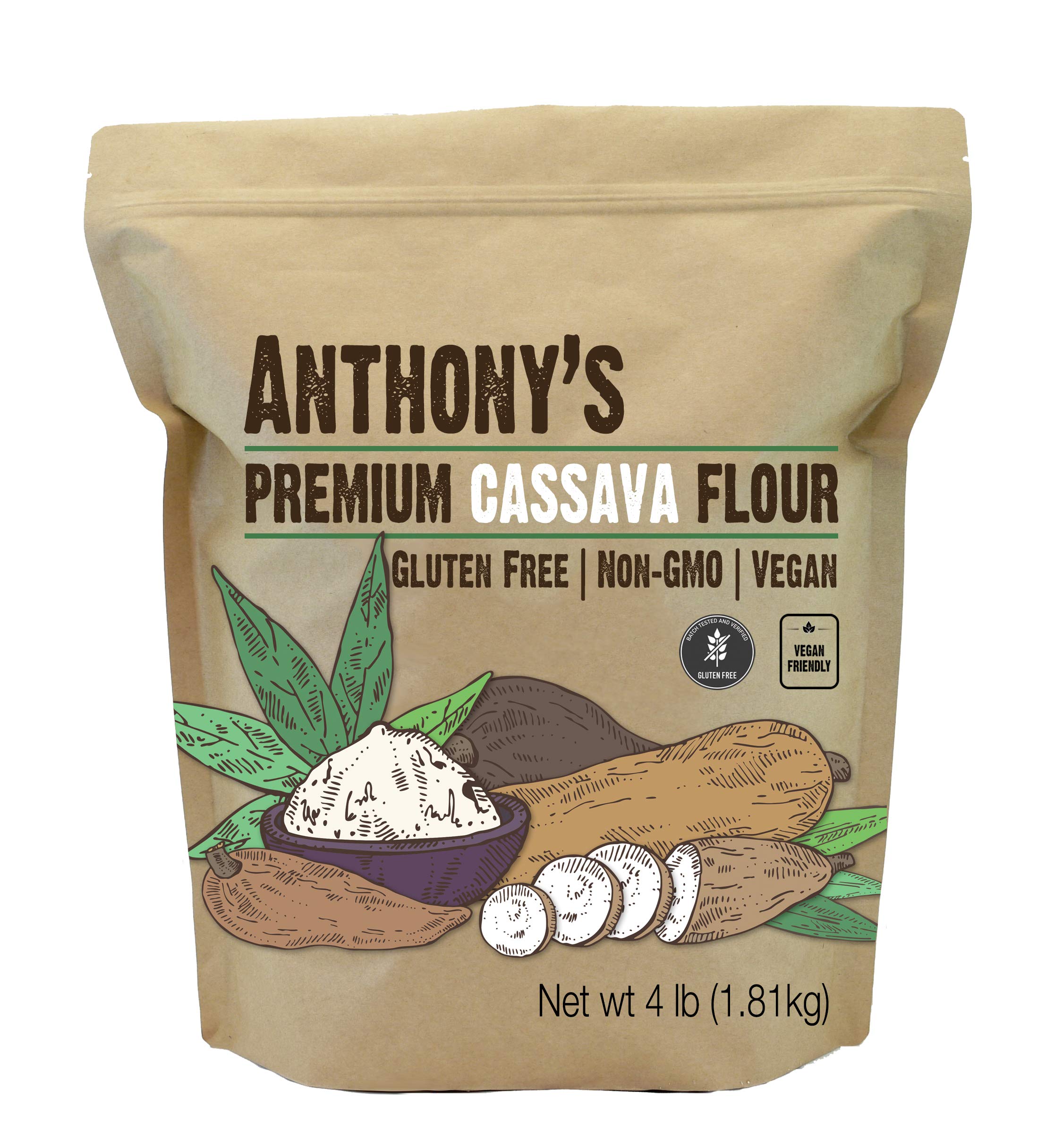 Book Cover Anthony's Cassava Flour, 4 lb, Batch Tested Gluten Free, Non GMO, Vegan 4 Pound (Pack of 1)