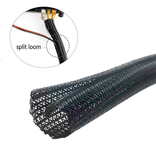 Wang-Data PET Black Split Loom Braid Cable Sleeve 1/4 inch X 20ft (1/4" X 20')