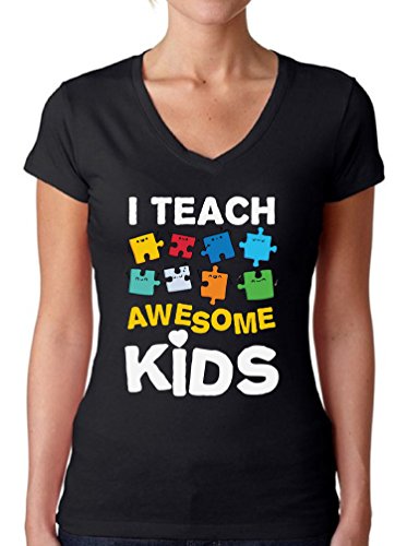 Awkward Styles Women's Autism Awareness Puzzle Graphic V-Neck T Shirt Tops I Teach Awesome Kids Black S