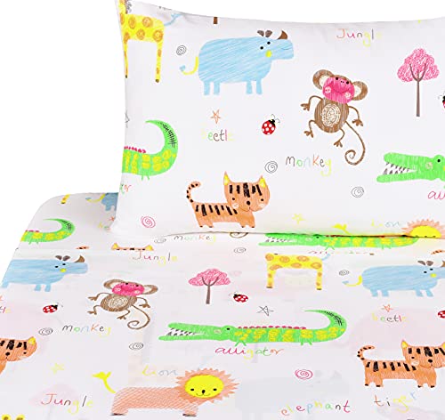 Book Cover J-pinno Lovely Jungle Elephant Monkey Giraffe Twin Sheet Set for Kids Boy Girl Children,100% Cotton, Flat Sheet + Fitted Sheet + Pillowcase Bedding Set