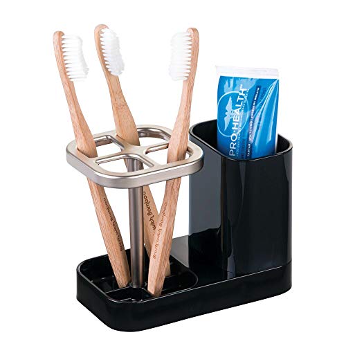 Book Cover mDesign Bathroom Vanity Countertop Toothpaste & Toothbrush Holder Stand with Cup/Dental Center, Holds Electric Toothbrushes - Black/Satin