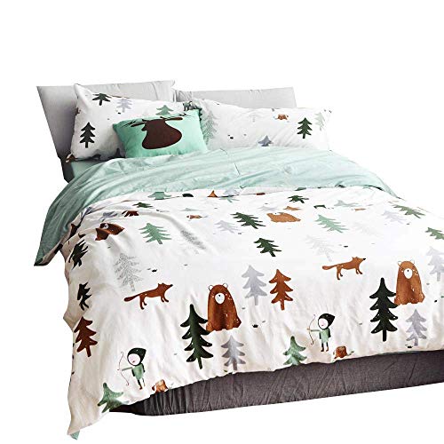 Book Cover BuLuTu Siberia Forest Theme Boys Duvet Cover Twin Cotton Darker White,Cartoon Duvet Cover Set Kids,3 Pieces Bedding Collection Set(1 Duvet Cover + 2 Pillowcases) for US Single Bed,No Comforter