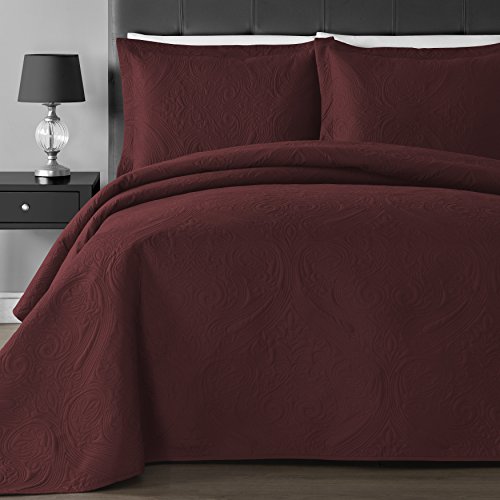Book Cover Comfy Bedding Extra Lightweight and Oversized Thermal Pressing Floral 3-Piece Coverlet Set (King/Cal King, Burgundy)