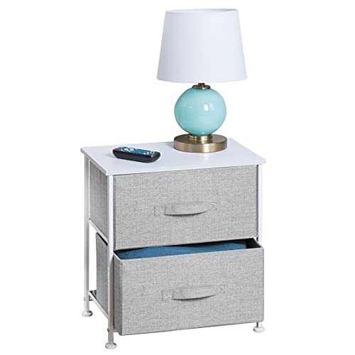 mDesign Storage Dresser End/Side Table Night Stand Furniture Unit - Small Standing Organizer for Bedroom, Office, Living Room, and Closet - 2 Drawer Removable Fabric Bins - Gray/White