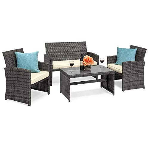 Book Cover Best Choice Products 4-Piece Outdoor Wicker Patio Conversation Furniture Set for Backyard, Deck, Poolside w/Coffee Table, Seat Cushions - Gray Wicker/Cream Cushions